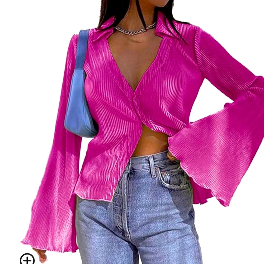 Women's Deep V Neck Button Front Bell Long Sleeve Blouse Shirt Top